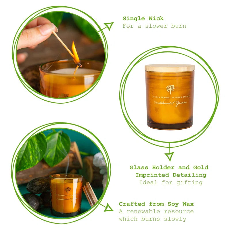 Sandalwood & Jasmine Scented Jar Candle with Glass Holder