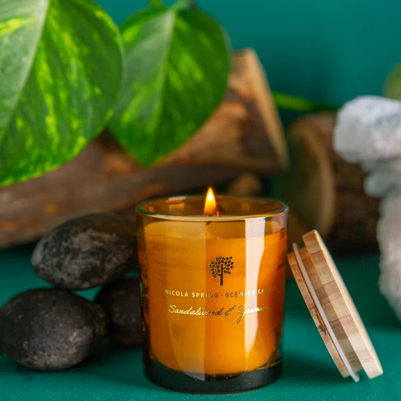 Sandalwood & Jasmine Scented Jar Candle with Glass Holder