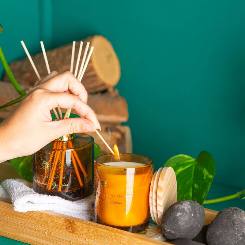 Sandalwood & Jasmine Scented Jar Candle with Glass Holder