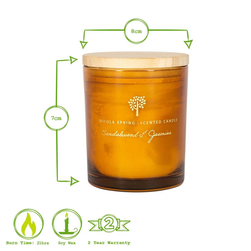 Sandalwood & Jasmine Scented Jar Candle with Glass Holder